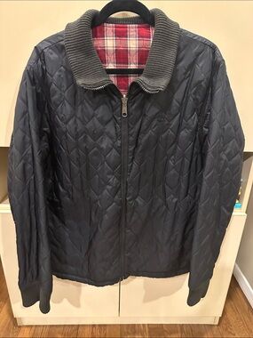Timberland Navy Quilted Jacket with Red Plaid Lining